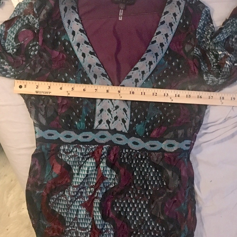 HALE BOB long-sleeve V-neck blue purple midi dress Lace Geometric Stretch Jewel - Picture 6 of 11